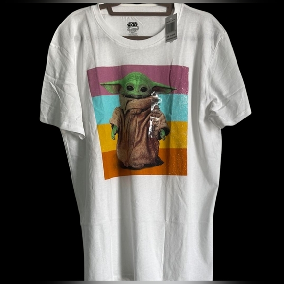 Star Wars Other - Disney Star Wars White Tee with Grogu and Colorful Stripes Sz XL